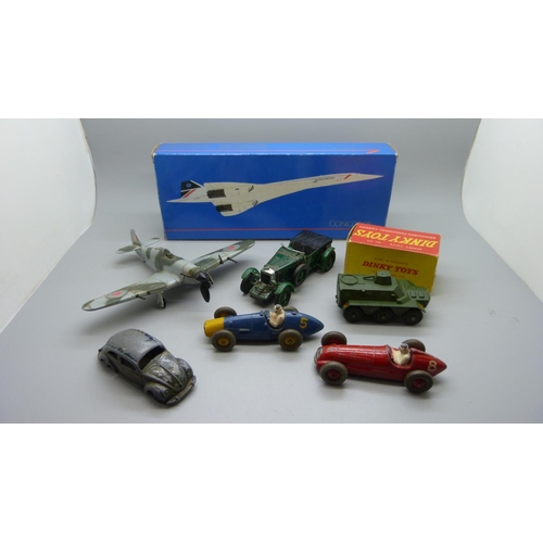 678 - A Dinky Toys Hurricane, Armoured Personnel Carrier, three cars, a Corgi model vehicle and model Conc... 