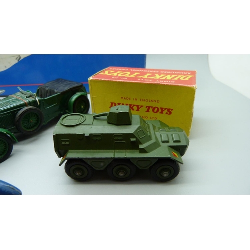 678 - A Dinky Toys Hurricane, Armoured Personnel Carrier, three cars, a Corgi model vehicle and model Conc... 