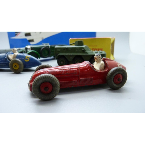 678 - A Dinky Toys Hurricane, Armoured Personnel Carrier, three cars, a Corgi model vehicle and model Conc... 