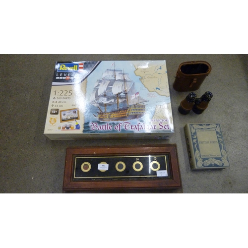 681 - A servant's bell, binoculars, a bird watching book and a Revell HMS Victory Battle of Trafalgar set