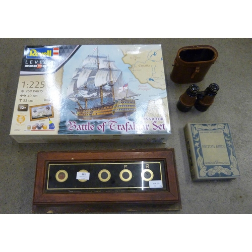 681 - A servant's bell, binoculars, a bird watching book and a Revell HMS Victory Battle of Trafalgar set