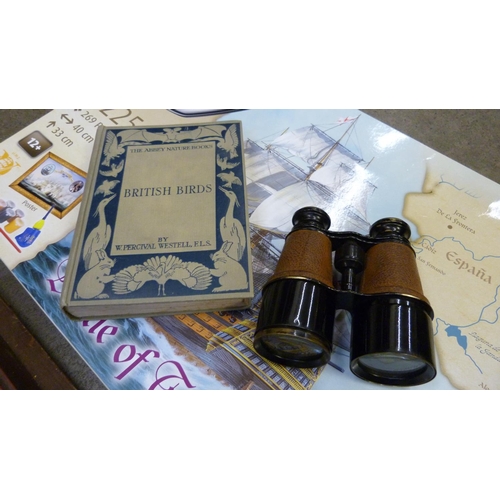 681 - A servant's bell, binoculars, a bird watching book and a Revell HMS Victory Battle of Trafalgar set