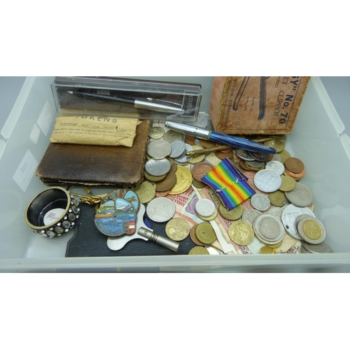 685 - Assorted coins, medallions, pens, etc.