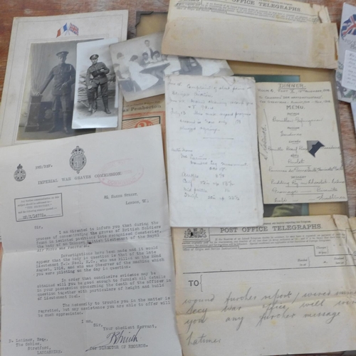 734 - A box of WWI photographs, paper items, etc.