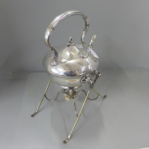 799 - A silver plated spirit kettle and stand