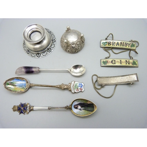 859 - A Tiffany silver salt, three enamelled spirit labels, a Maltese enamelled 800 silver spoon, a silver... 