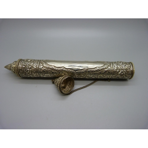 862 - A large Tibetan white metal scroll holder, 33cm length