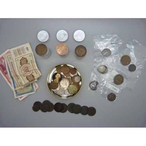 877 - A small collection of coins and banknotes including Georgian, foreign, British coins in tubes, etc.