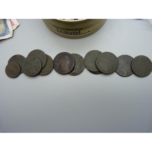 877 - A small collection of coins and banknotes including Georgian, foreign, British coins in tubes, etc.