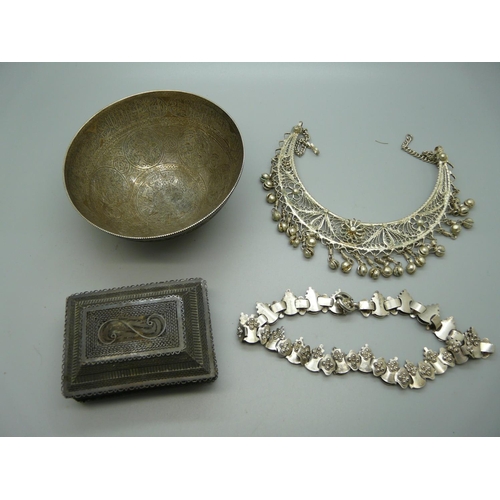 905 - A Victorian white metal collar, a filigree box, an Eastern white metal bowl and an Eastern white met... 