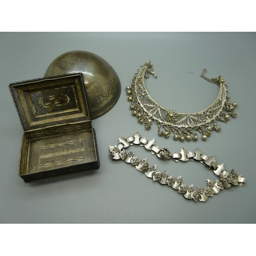 905 - A Victorian white metal collar, a filigree box, an Eastern white metal bowl and an Eastern white met... 