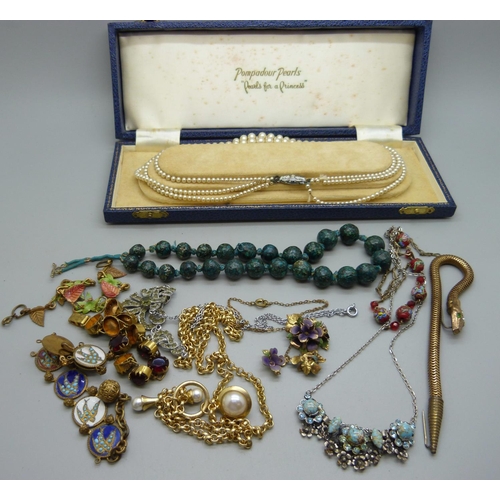 908 - Vintage jewellery including a snake bracelet, a bracelet with enamel panels depicting swallows, a/f,... 