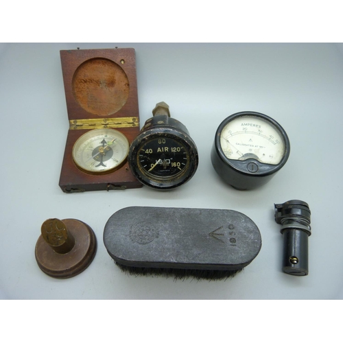 917 - Two gauges, Air and Amperes with military broad arrow, a 19th Century compass, etc.