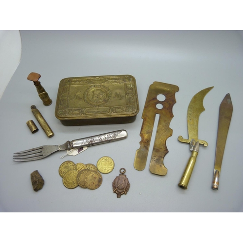 918 - Trench art, a Christmas tin, Royal Arsenal Co-operative Society tokens, etc.