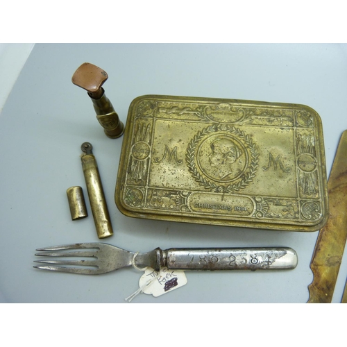 918 - Trench art, a Christmas tin, Royal Arsenal Co-operative Society tokens, etc.