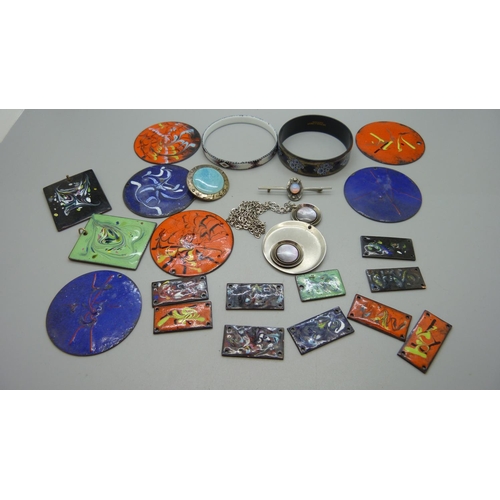 957 - A collection of enamel jewellery, etc., enamel panels for re-stringing