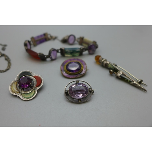 965 - An agate set bracelet, a Scottish brooch, two other brooches and a pendant and chain, (enamel brooch... 