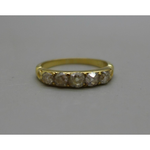 967 - An 18ct gold and five stone diamond ring, 2.6g, N, mark worn