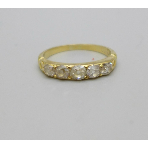 967 - An 18ct gold and five stone diamond ring, 2.6g, N, mark worn