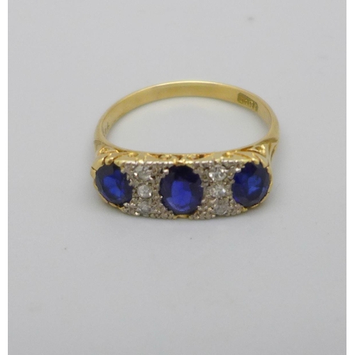 968 - A late Victorian 18ct gold, blue stone and diamond ring, 4g, T