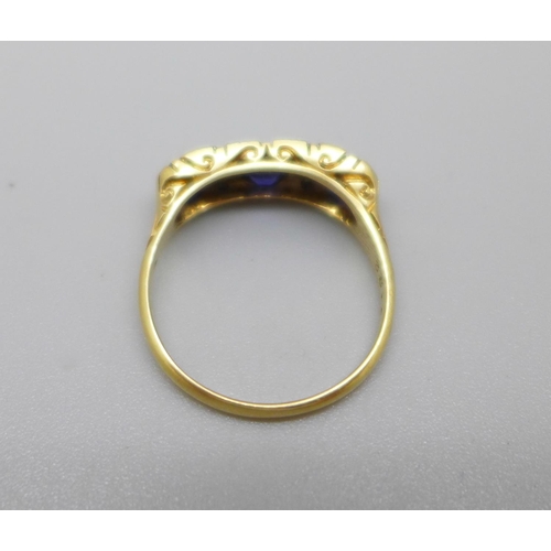 968 - A late Victorian 18ct gold, blue stone and diamond ring, 4g, T