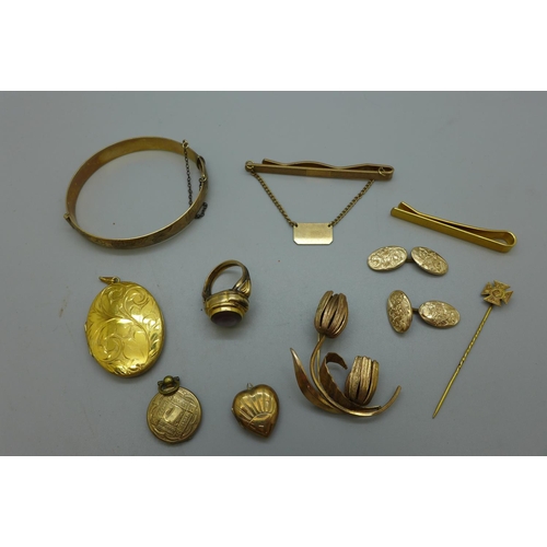 970 - A collection of gold plated and rolled gold including a bangle marked 'Guaranteed 40 years', a ring ... 