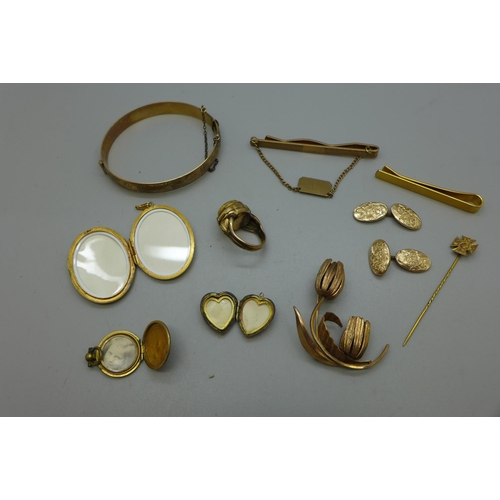 970 - A collection of gold plated and rolled gold including a bangle marked 'Guaranteed 40 years', a ring ... 