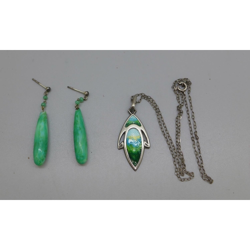 978 - A silver and enamel pendant and chain and a pair of earrings