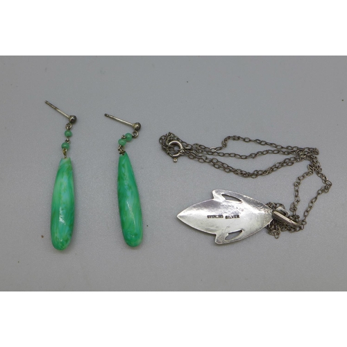 978 - A silver and enamel pendant and chain and a pair of earrings