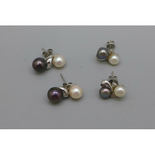 986 - Two pairs of 9ct white gold, white stone and pearl earrings, 6.9g