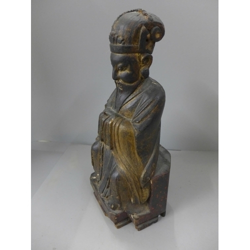 795 - A 19th Century carved wooden polychrome figure of Caishen, The Gold of Wealth, base a/f, 30cm