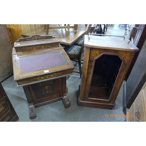 212 - A Victorian inlaid walnut Davenport and a music cabinet