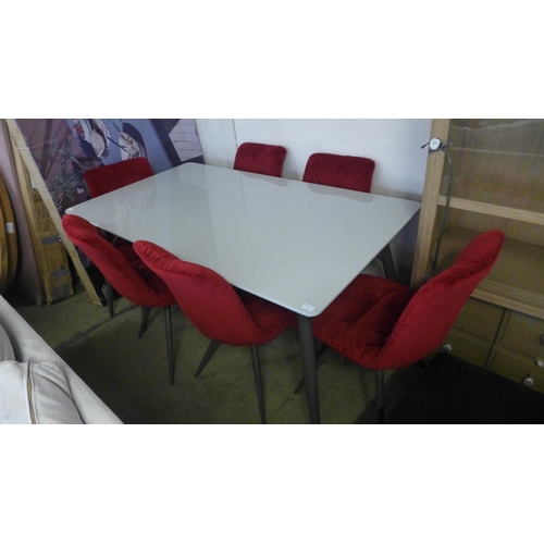 1515 - A Logan white topped 1.6m dining table with grey legs and six Arana red velvet chairs