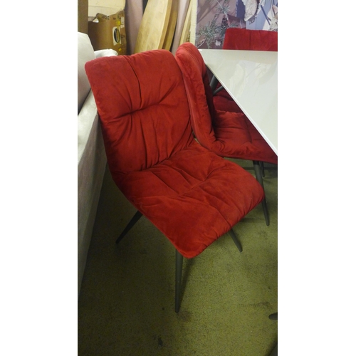 1515 - A Logan white topped 1.6m dining table with grey legs and six Arana red velvet chairs