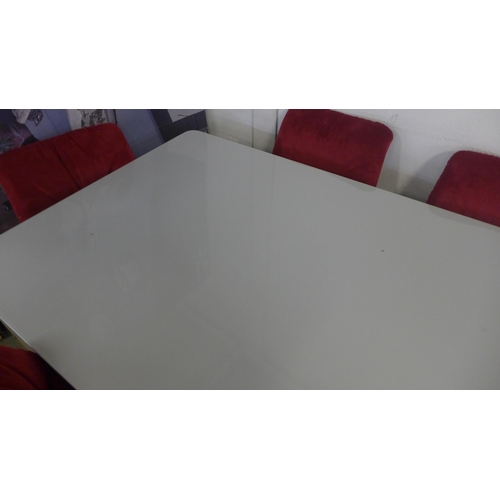 1515 - A Logan white topped 1.6m dining table with grey legs and six Arana red velvet chairs