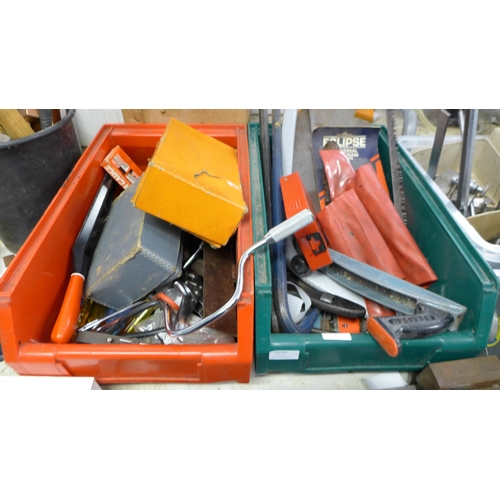 2039 - 2 large Lin bins with approx 50 hand tools including saws, allan keys