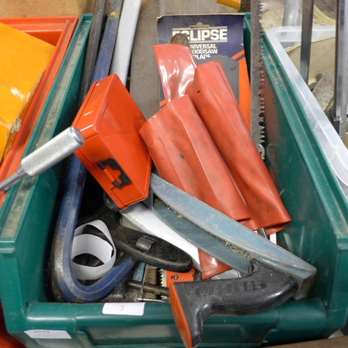 2039 - 2 large Lin bins with approx 50 hand tools including saws, allan keys