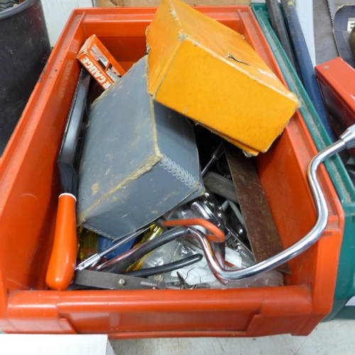 2039 - 2 large Lin bins with approx 50 hand tools including saws, allan keys