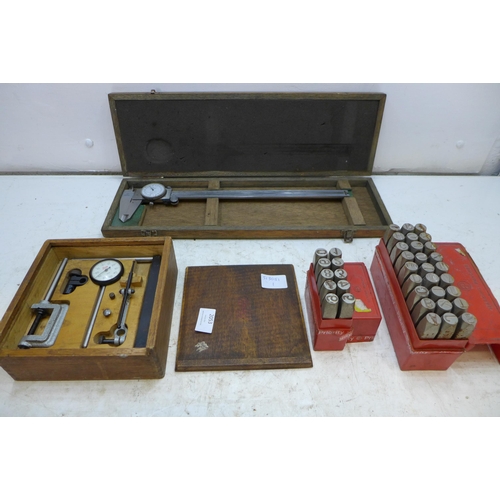 2053 - Baty boxed Comparator, Vernier gauge and 12.5mm number/letter punch set (37 pcs)