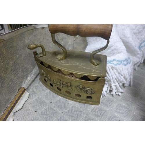 2159 - Vintage mirror, oil can, iron and oil lamp in case