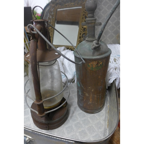 2159 - Vintage mirror, oil can, iron and oil lamp in case