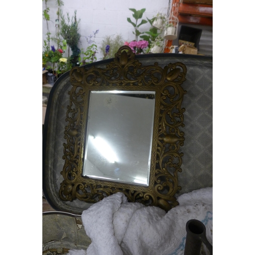 2159 - Vintage mirror, oil can, iron and oil lamp in case