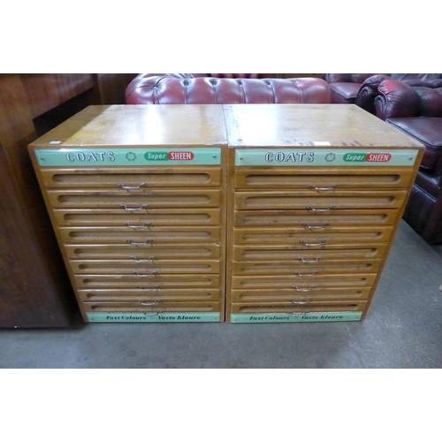 123a - A pair of vintage Coats beech nine drawer counter top haberdashery shop cabinets