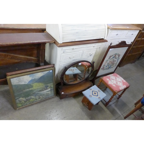 200 - A George IV inlaid mahogany toilet mirror, an embroidered firescreen, two stools and two prints