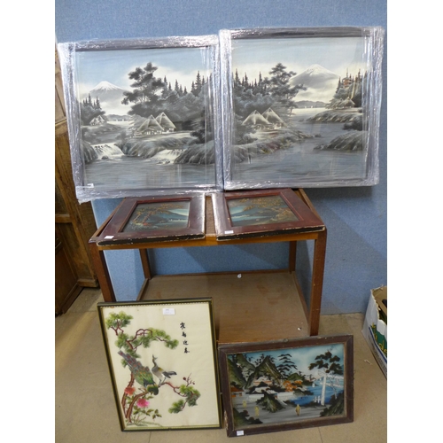 345 - A pair of 20th Century Japanese prints on silk, two other relief pictures, Chinese silk and Japanese... 