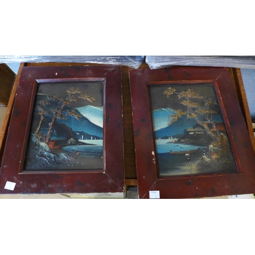 345 - A pair of 20th Century Japanese prints on silk, two other relief pictures, Chinese silk and Japanese... 