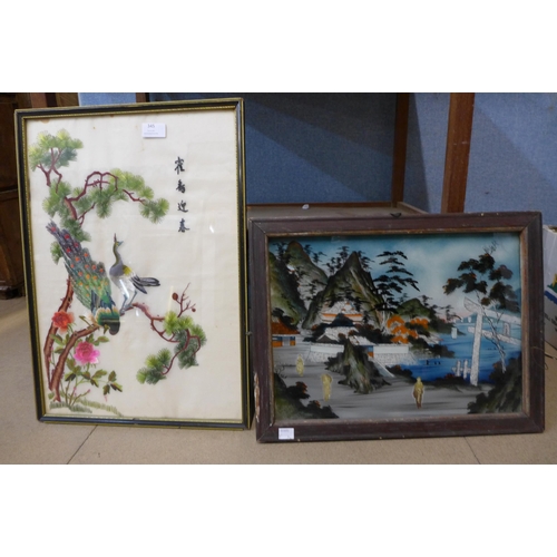 345 - A pair of 20th Century Japanese prints on silk, two other relief pictures, Chinese silk and Japanese... 