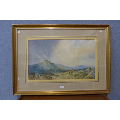 349 - British School, mountain landscape with shepherd and his flock, watercolour, indistinctly signed, fr... 