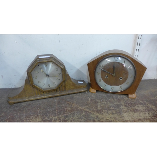 360 - A Smiths walnut mantel clock and an oak timepiece