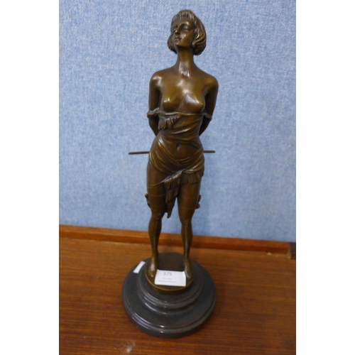 375 - A bronze figure of an erotic semi nude female, on black marble socle